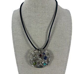 Silver Tone Round Rhinestones Pendant Corded Necklace Open Work Geometric